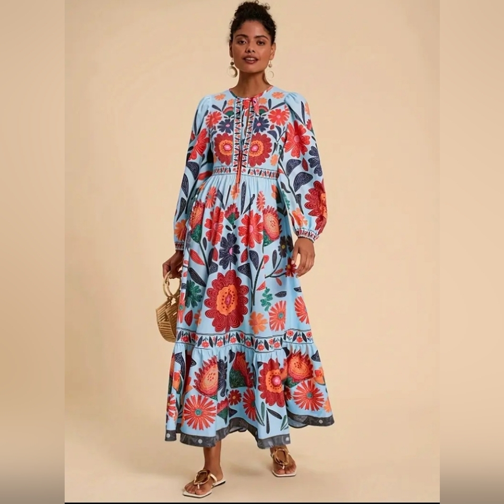 🚫CCO FIRM🚫Floral Print Long Sleeve Maxi Dress - Light Blue